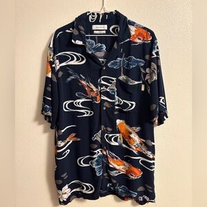 Urban Outfitters Navy Koi Fish Print Button Up Shirt Size Large